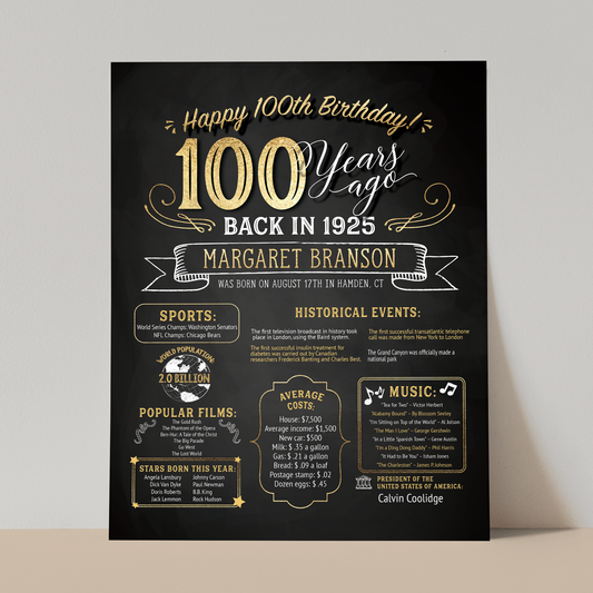 100th Birthday Sign, 100th Birthday Poster, Born in 1925