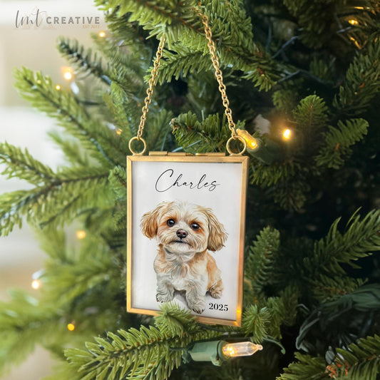 Custom Pet Portrait Ornament – Custom Gold Frame, Personalized Christmas Pet Gift, 2025 Pet Ornament, Dog Ornament, Cat Ornament