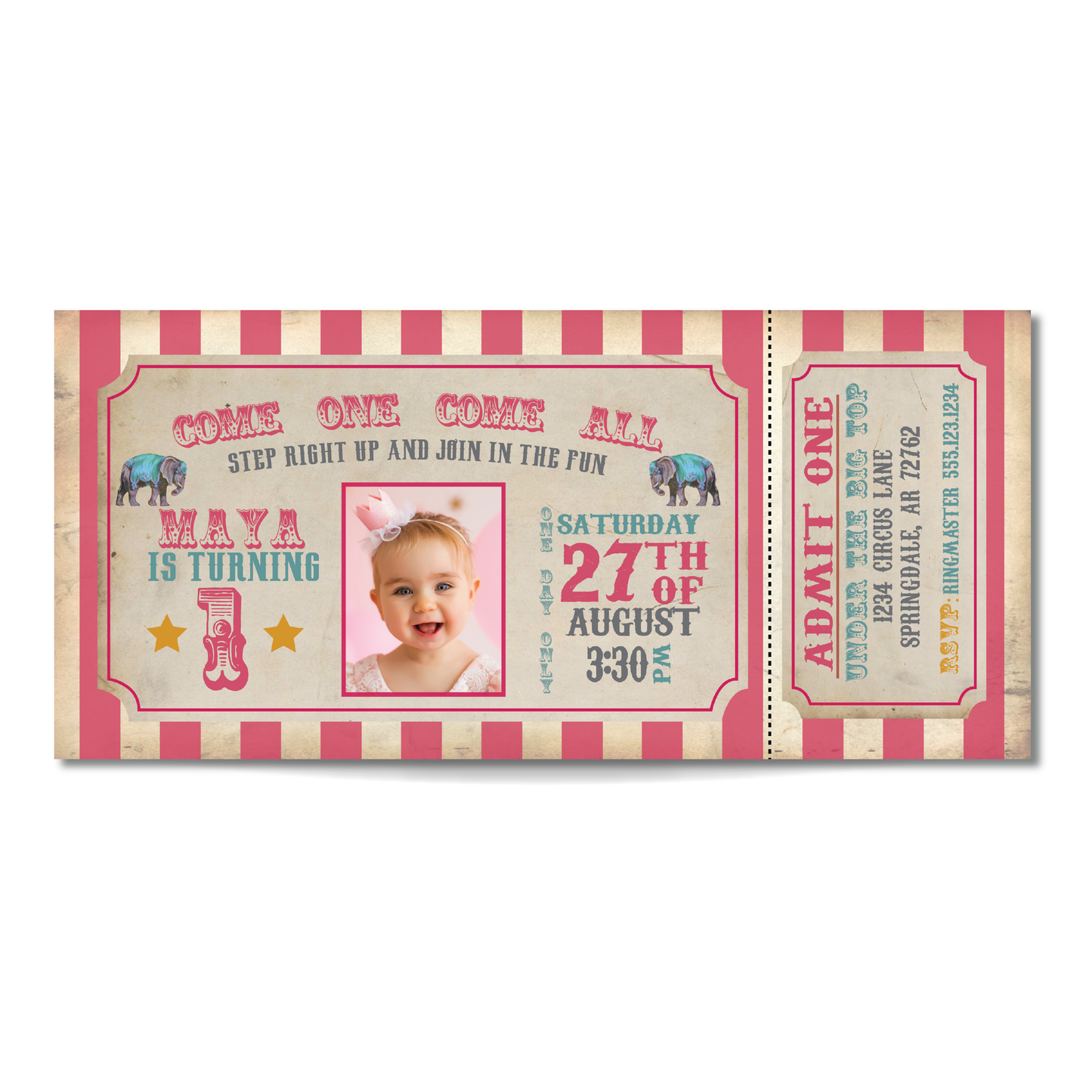 Vintage Circus Ticket Birthday Invitation in Pink - Circus Birthday Party Girls Invite
