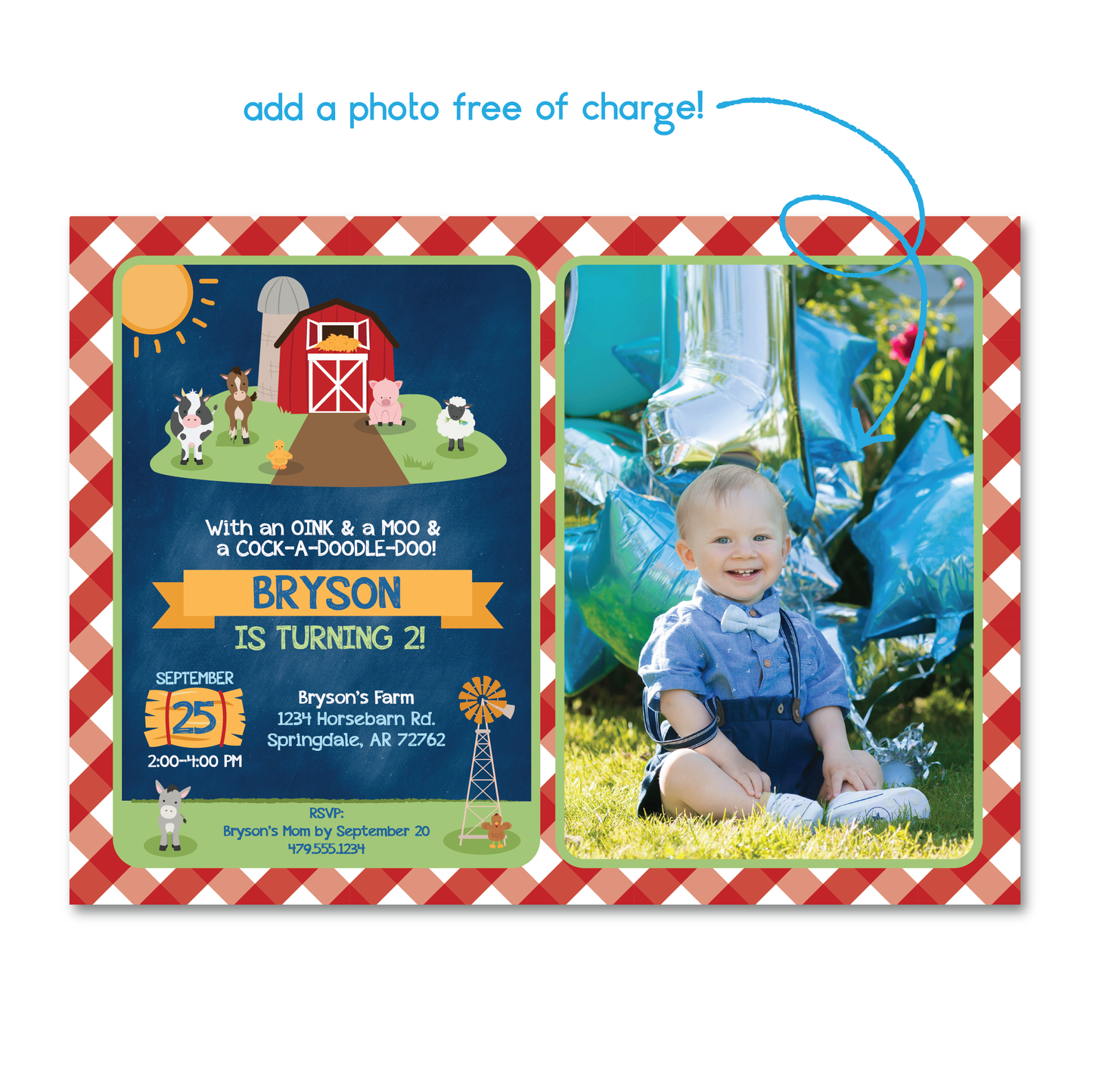 Kids Farm Themed Birthday Invitation - On the Farm w/ Barn & Farm Animals Party Invite