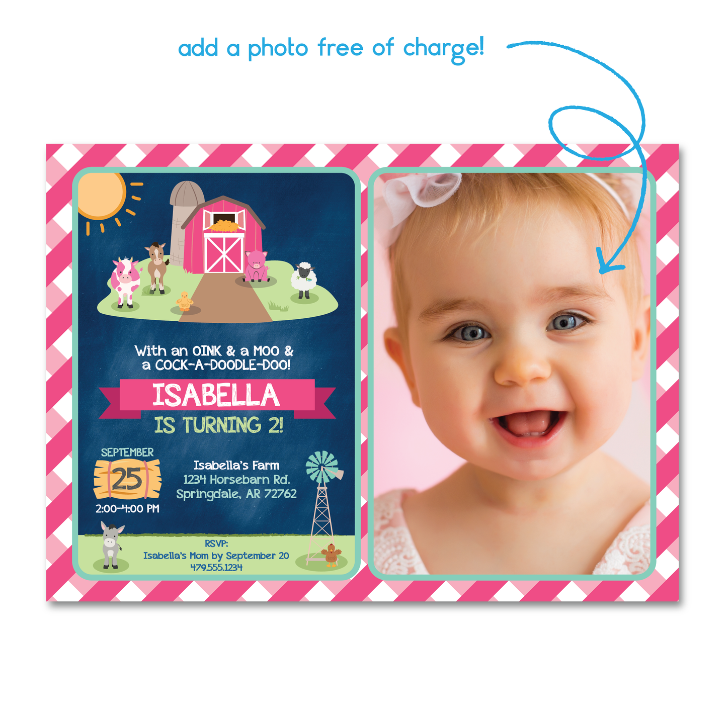 Kids Farm Themed Birthday Invitation - Girls Farm w/ Barn & Farm Animals Party Invite in Pink