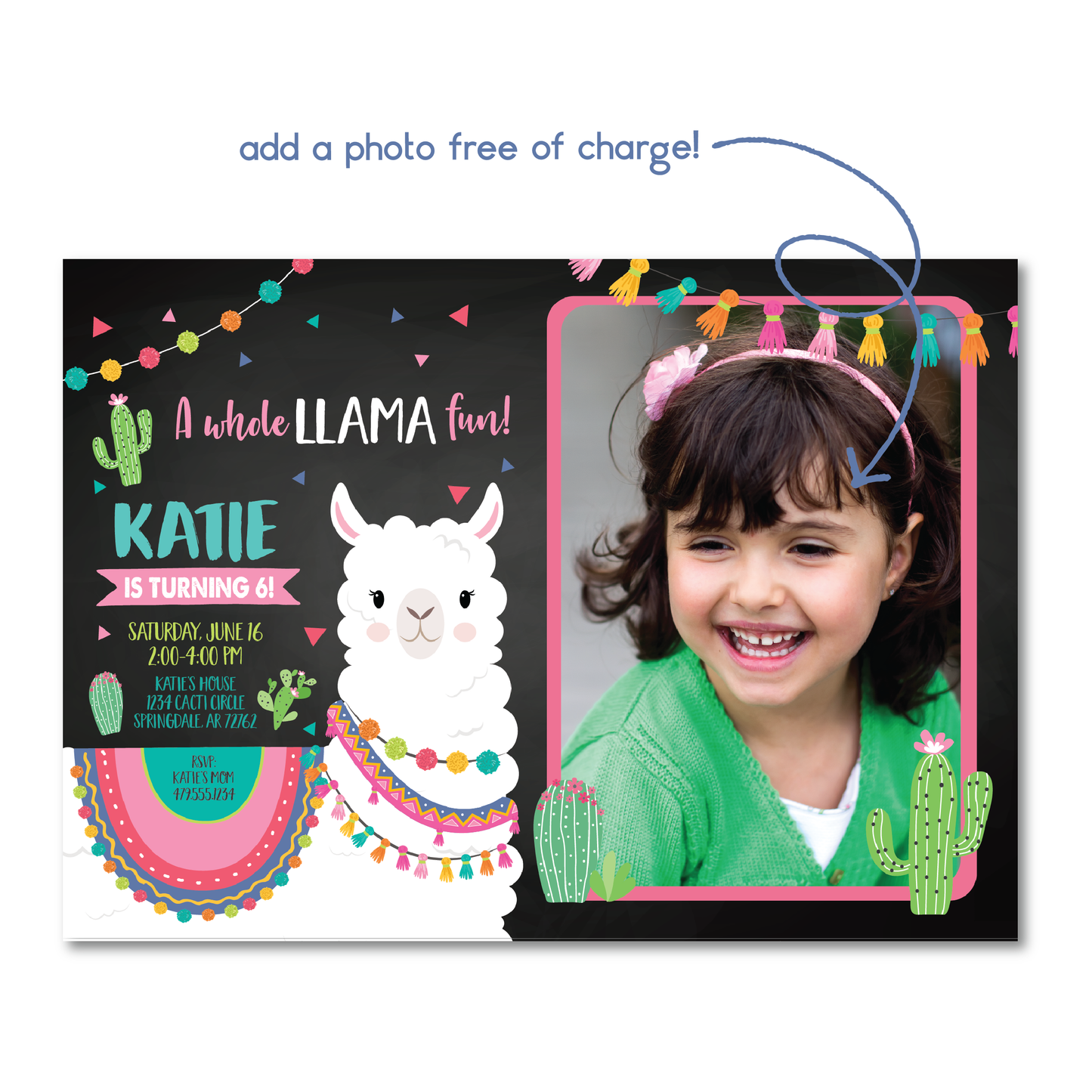 Llama Birthday Invitation - Llama Party Invite w/ Black Background