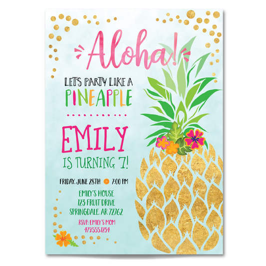 Pineapple Birthday Invitation - Kids Pineapple Aloha Party Invite