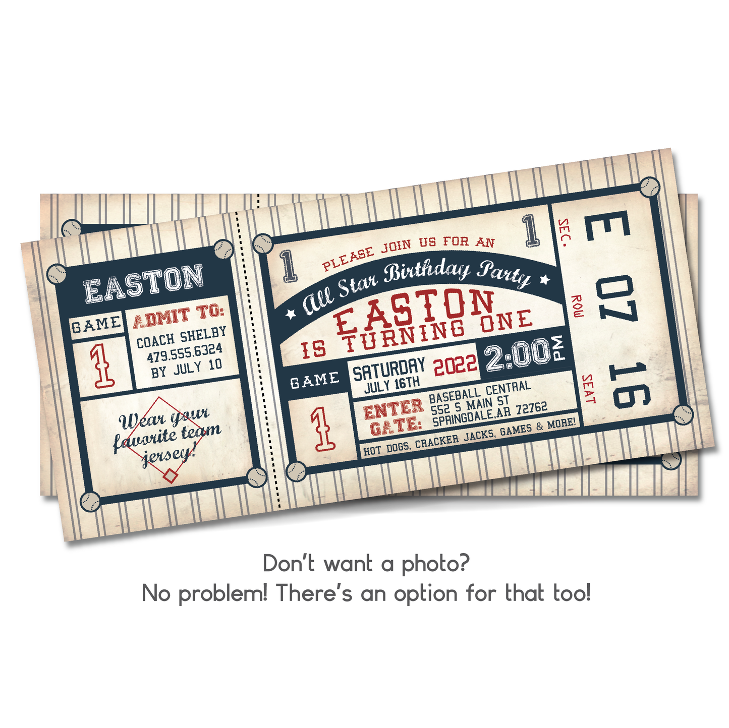 Vintage Baseball Ticket Birthday Invitation w/ Photo Customization