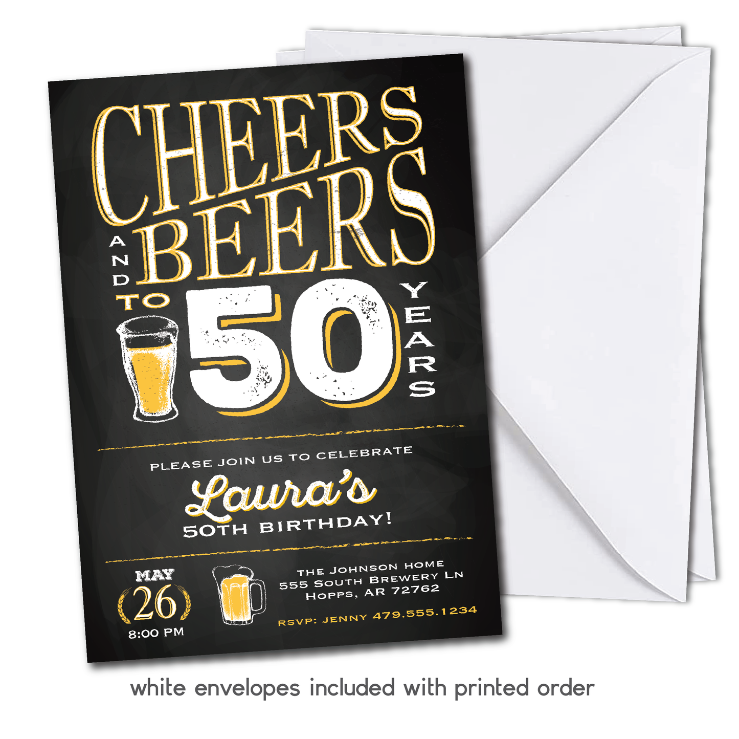 Cheers and Beers to 50 Years Birthday Invitation - 50th Birthday Party Invitation