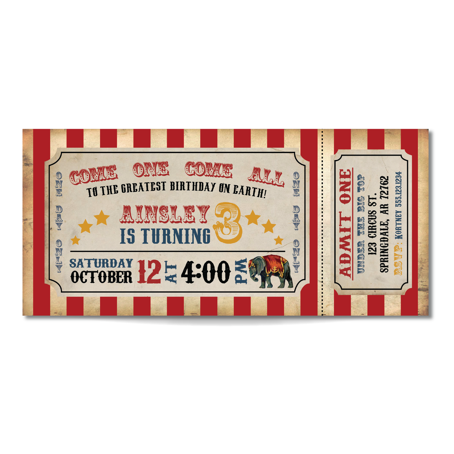 Vintage Circus Ticket Birthday Invitation in Red - Circus Birthday Party Invite