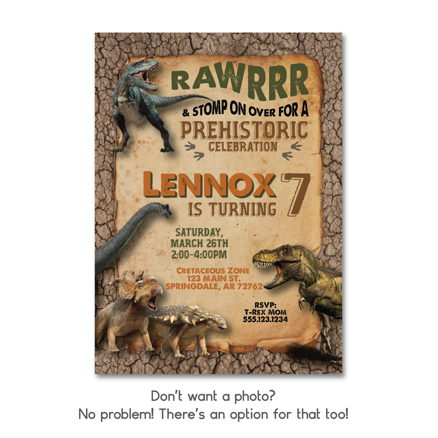 Kids Dinosaur Birthday Invitation - Dinosaur Party Invite w/ Photo Customization