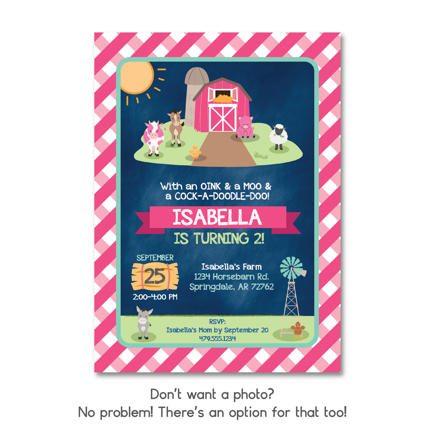 Kids Farm Themed Birthday Invitation - Girls On the Farm Pink Party Invite w/ Photo Customization