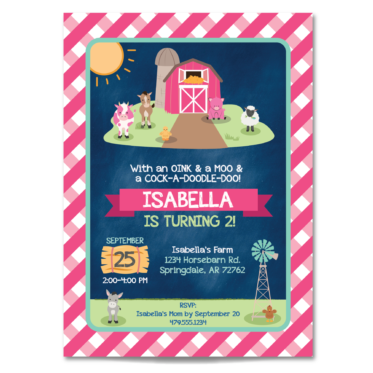 Kids Farm Themed Birthday Invitation - Girls Farm w/ Barn & Farm Animals Party Invite in Pink
