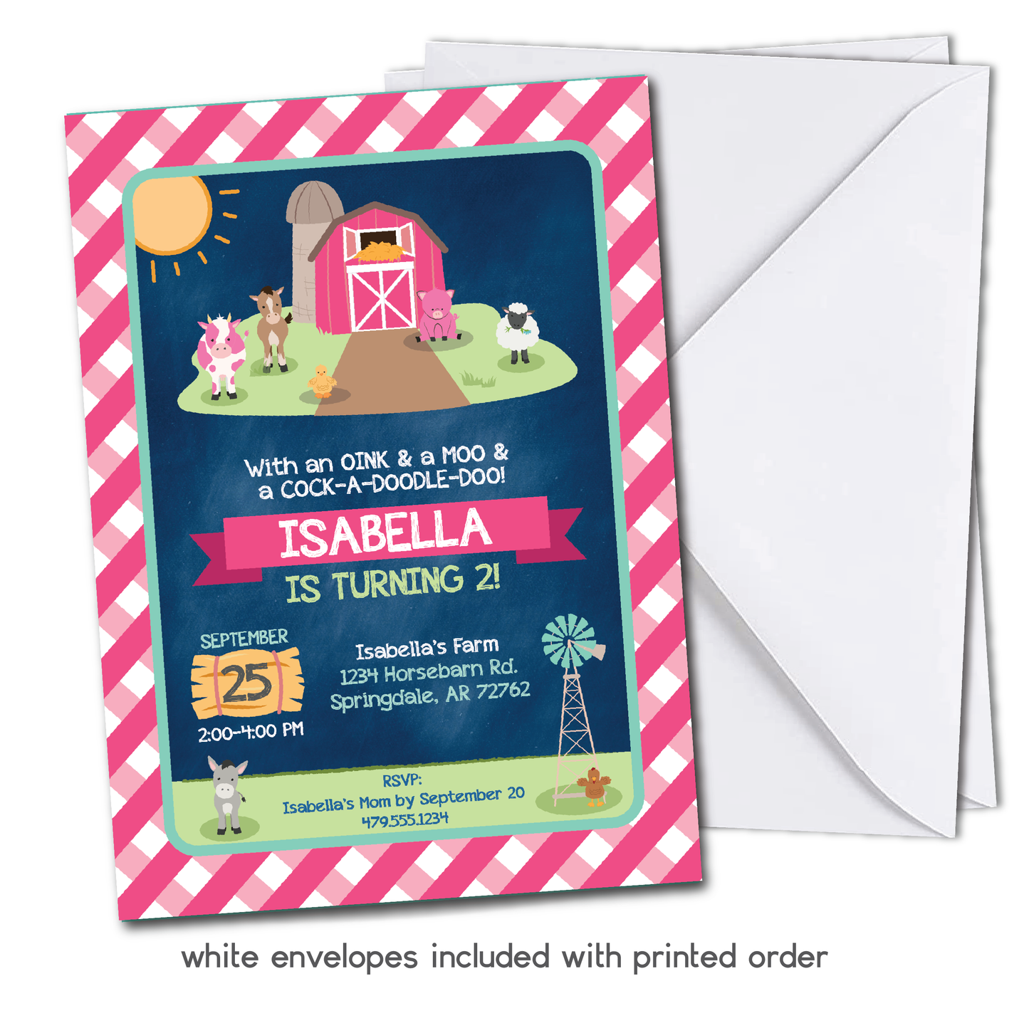 Kids Farm Themed Birthday Invitation - Girls Farm w/ Barn & Farm Animals Party Invite in Pink