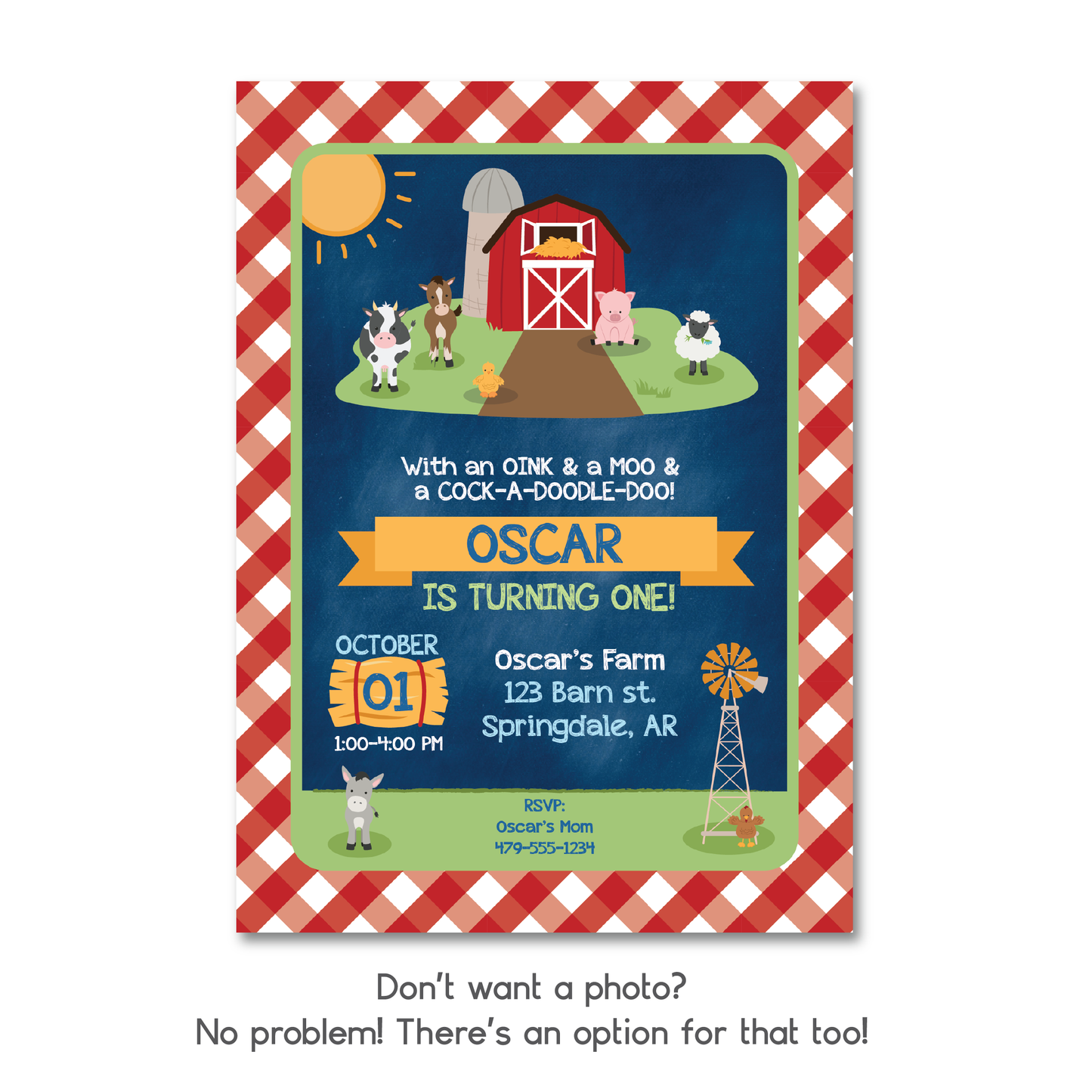 Kids Farm Themed Birthday Invitation - On the Farm Party Invite w/ Photo Customization