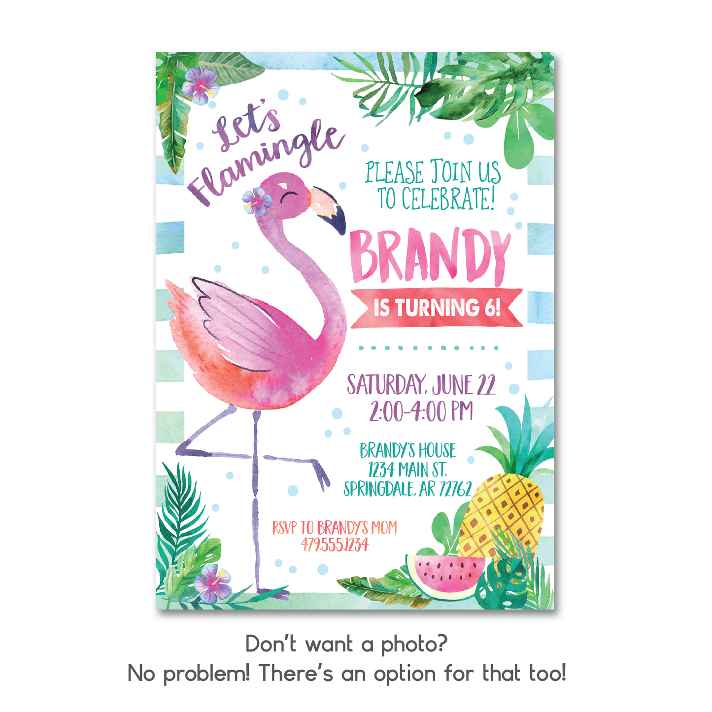 Kids Flamingo Birthday Invitation - Flamingo Themed Party Invite w/ Photo Customization