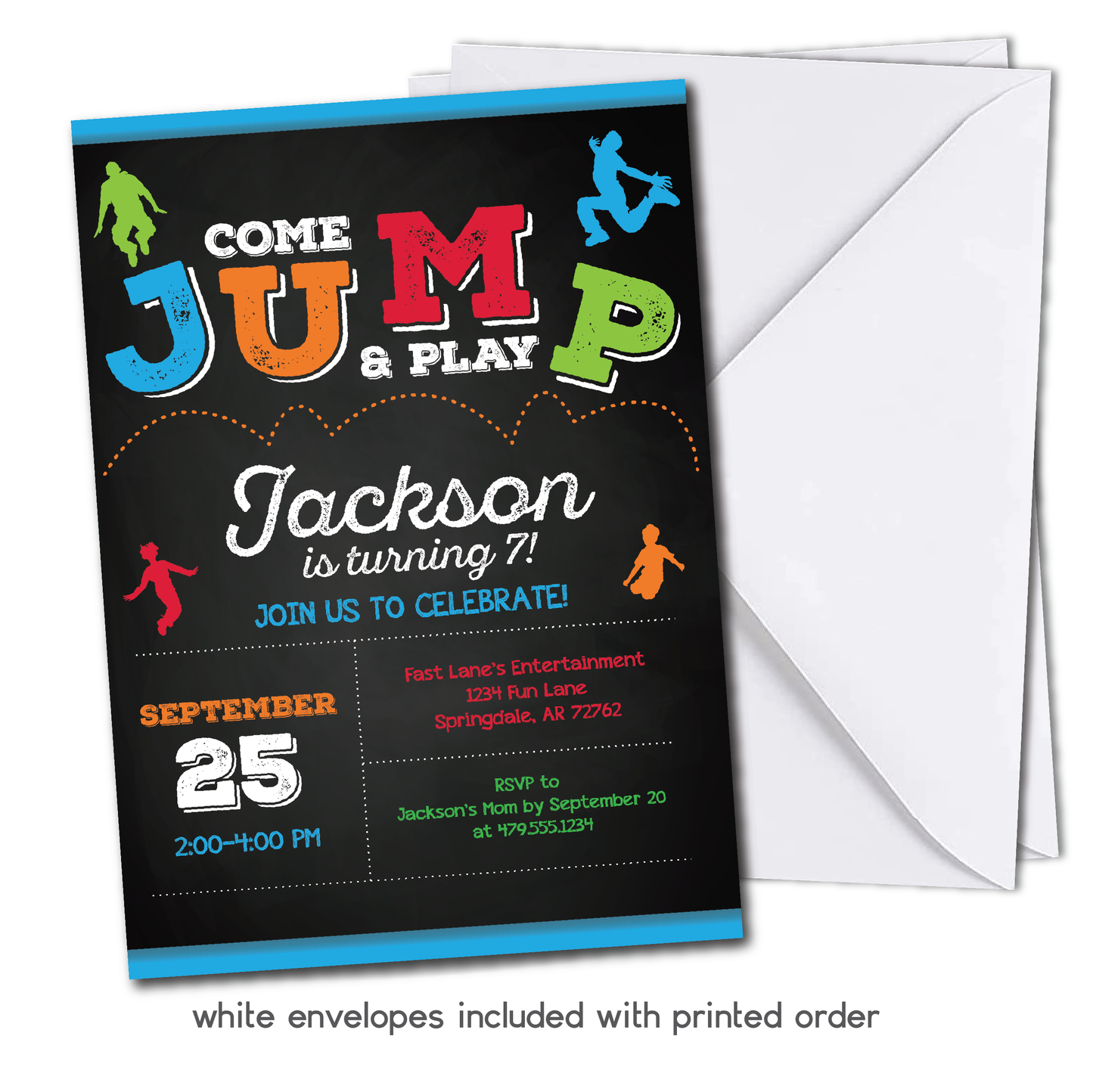 Boys Trampoline Birthday Invitation - Jump Trampoline Party Invite