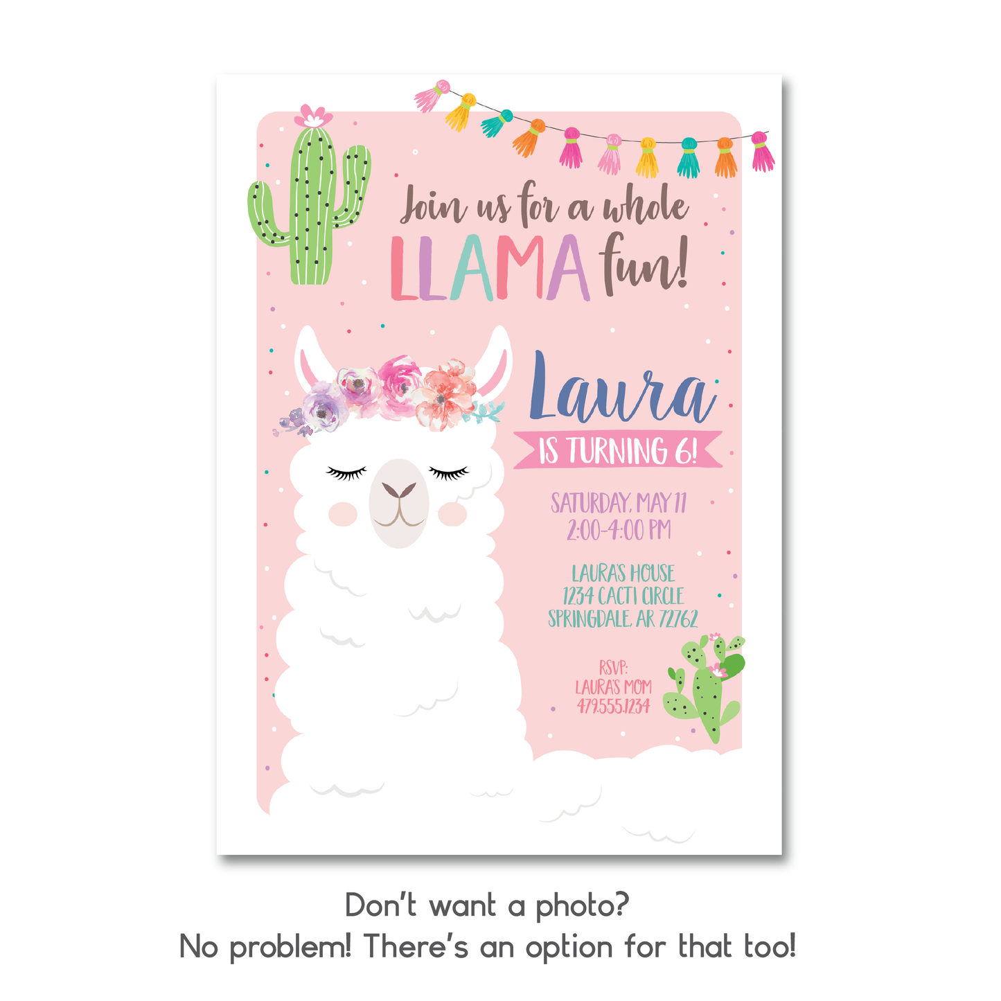 Llama Birthday Invitation - Llama Party Invite w/ Photo Customization
