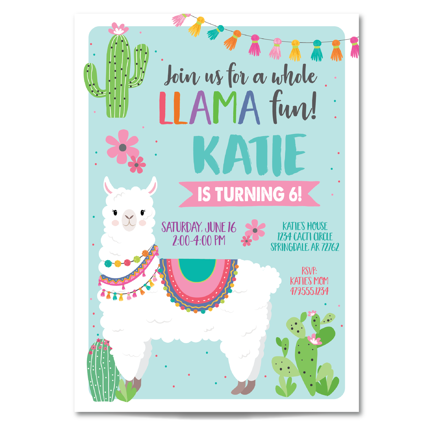 Whole Llama Fun Birthday Invitation - Llama Party Invite w/ Teal Background