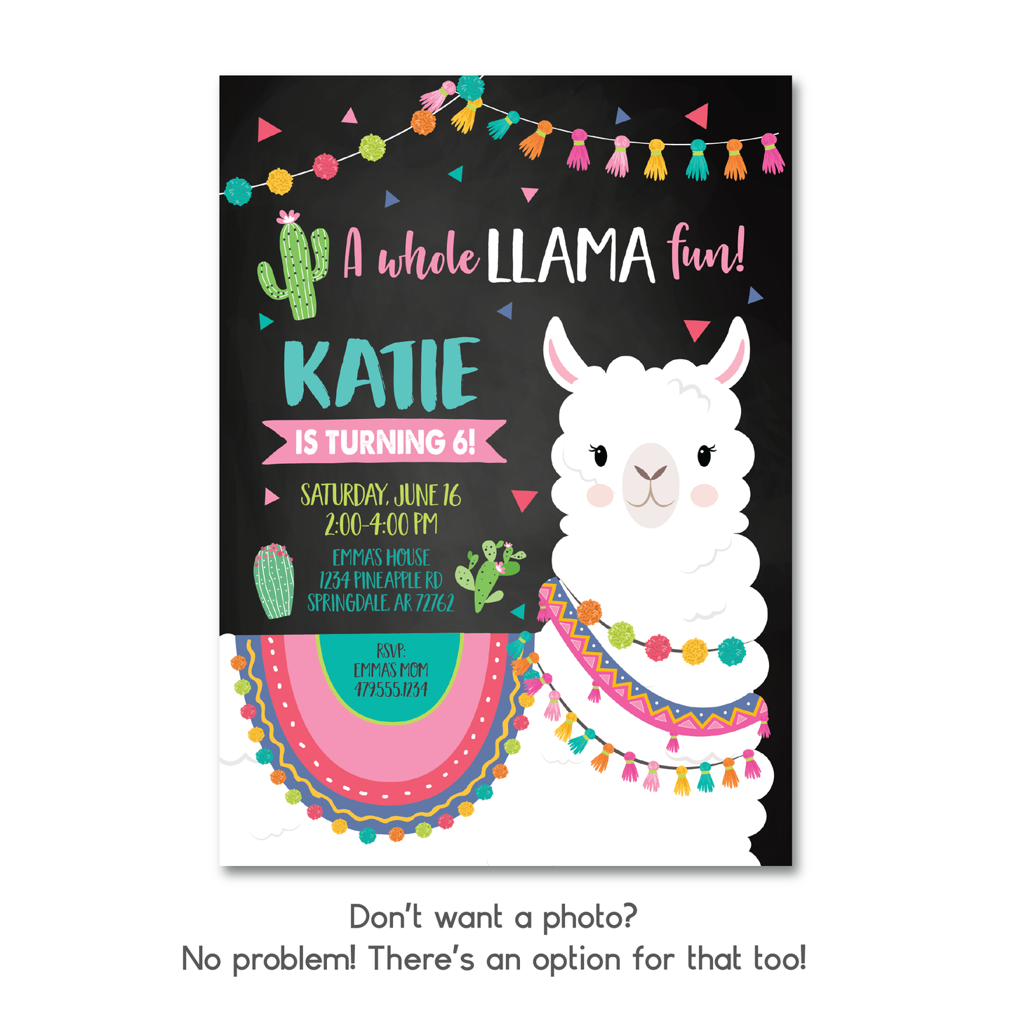 Llama Birthday Invitation - Llama Party Invite w/ Black Background & Photo Customization