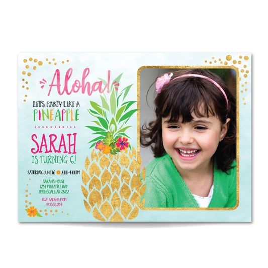 Pineapple Birthday Invitation - Kids Pineapple Aloha Party Invite w/ Photo Customization