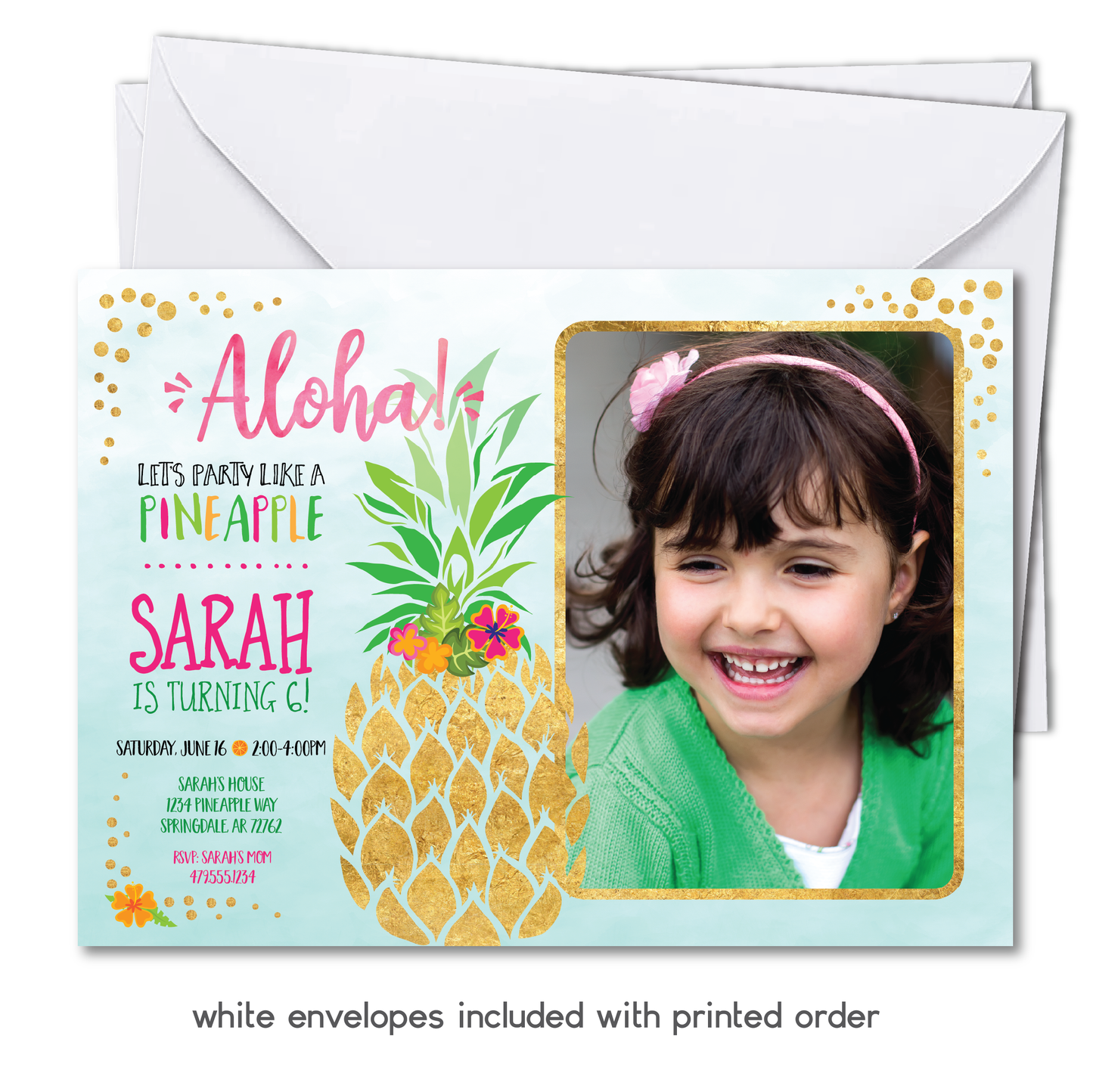 Pineapple Birthday Invitation - Kids Pineapple Aloha Party Invite w/ Photo Customization