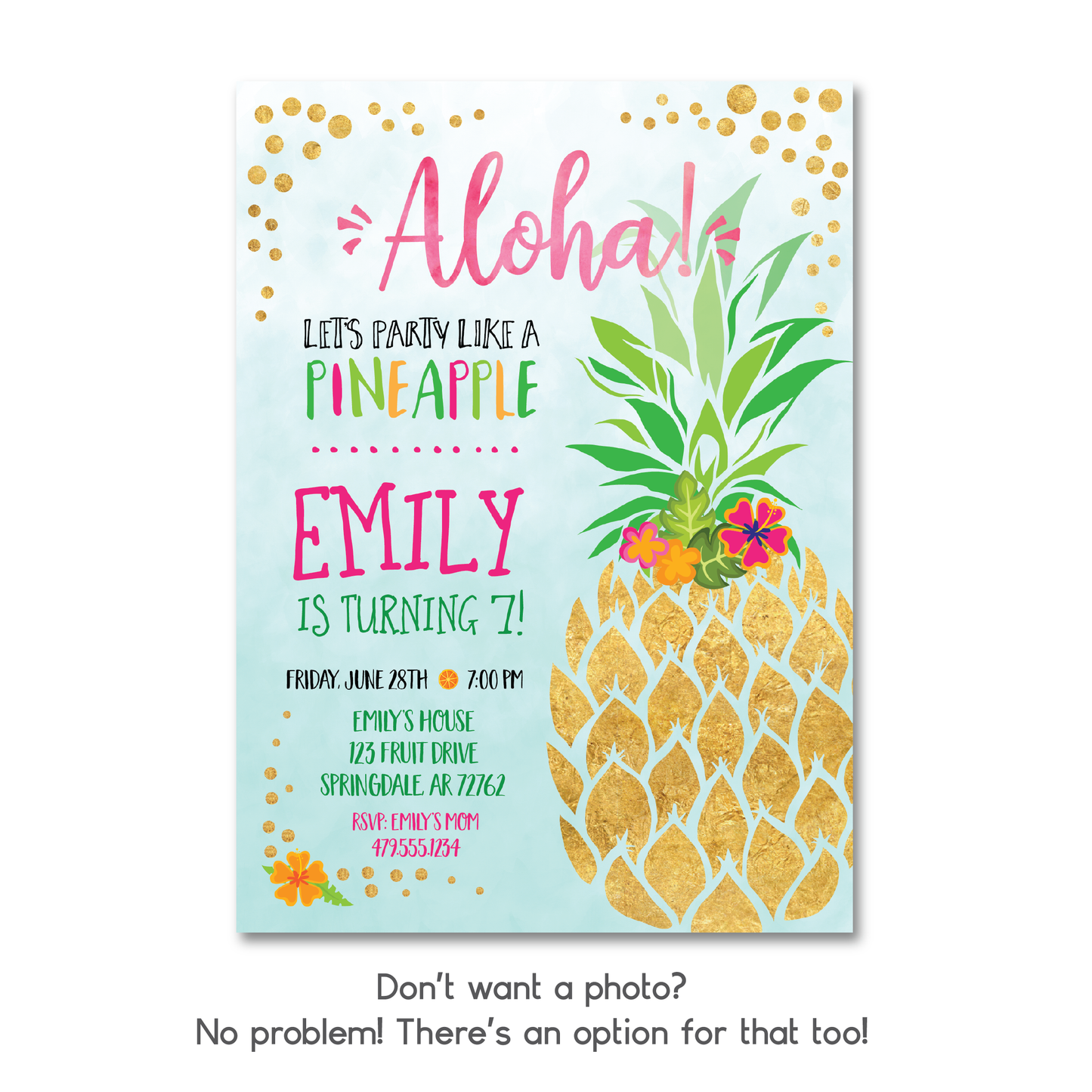 Pineapple Birthday Invitation - Kids Pineapple Aloha Party Invite w/ Photo Customization