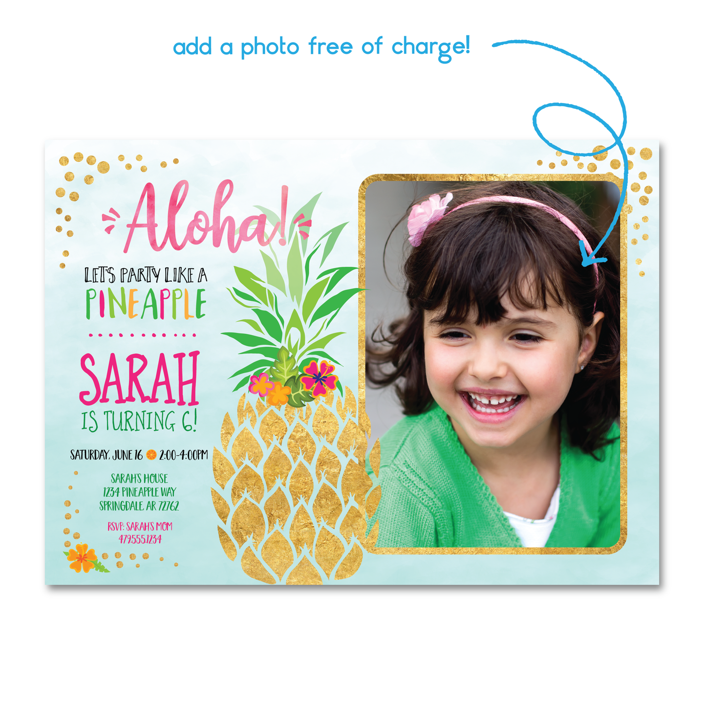 Pineapple Birthday Invitation - Kids Pineapple Aloha Party Invite w/ Photo Customization