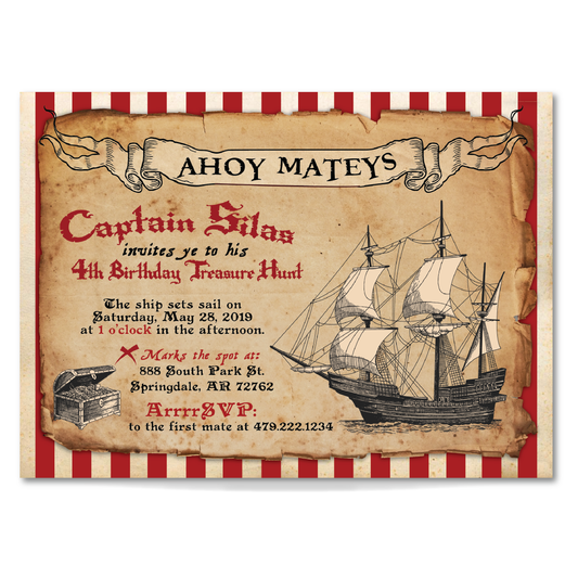 Pirate Birthday Invitation - Kids Vintage Pirate Ship Party Invite