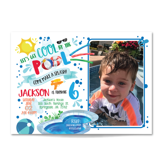 Boys Pool Party Birthday Invitation - Kids Summer Pool Party Invite w/ Photo Customization