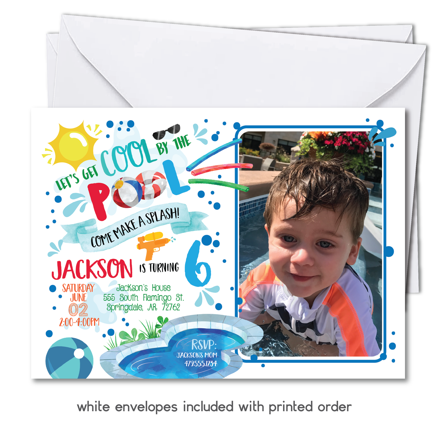 Boys Pool Party Birthday Invitation - Kids Summer Pool Party Invite w/ Photo Customization