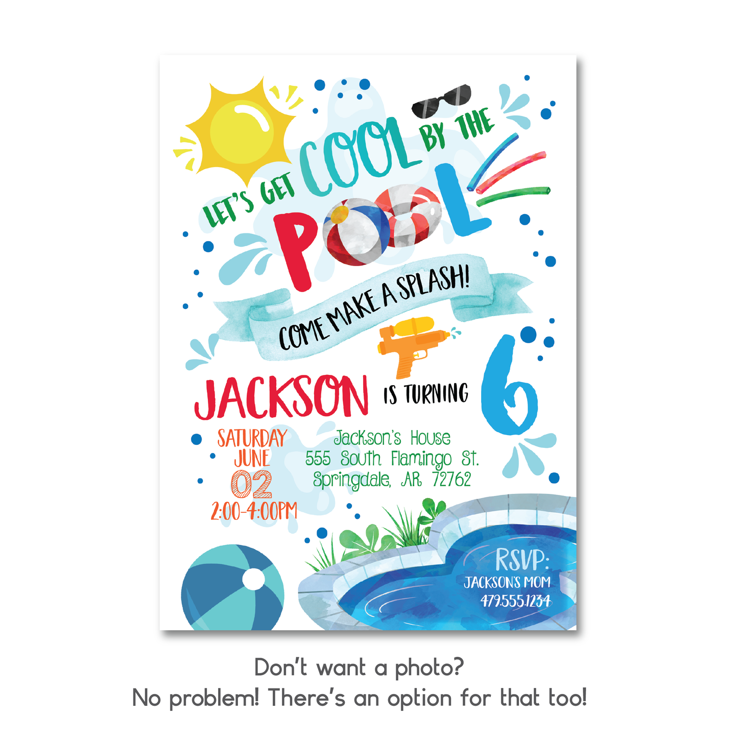 Boys Pool Party Birthday Invitation - Kids Summer Pool Party Invite w/ Photo Customization