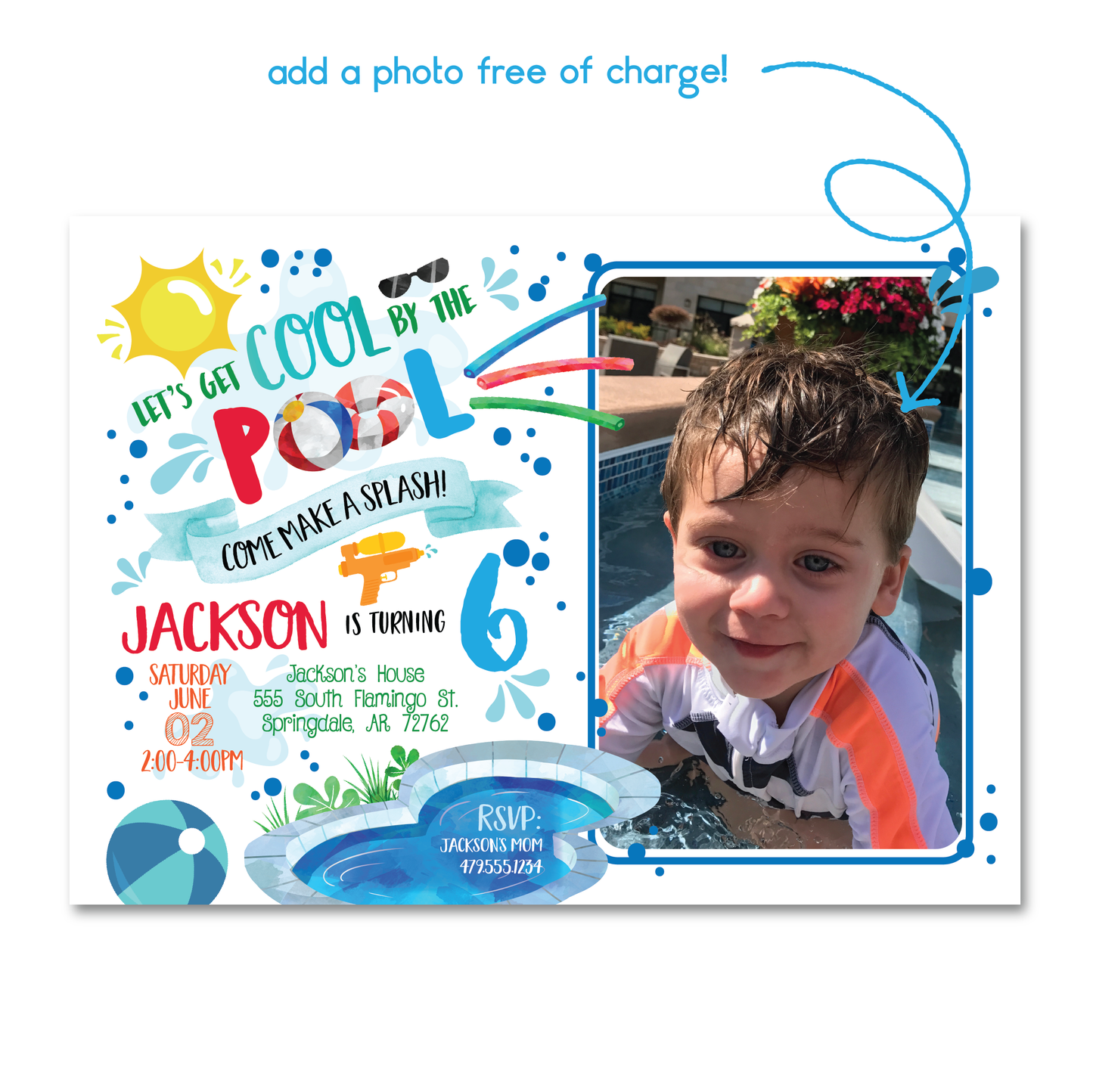 Boys Pool Party Birthday Invitation - Kids Summer Pool Party Invite w/ Photo Customization