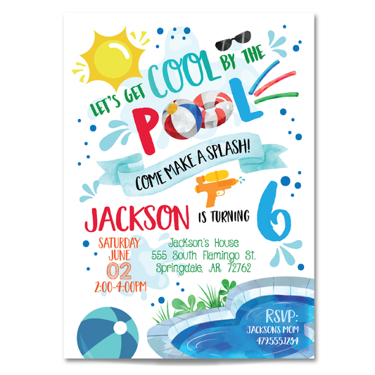 Boys Pool Party Birthday Invitation - Kids Summer Pool Party Invite