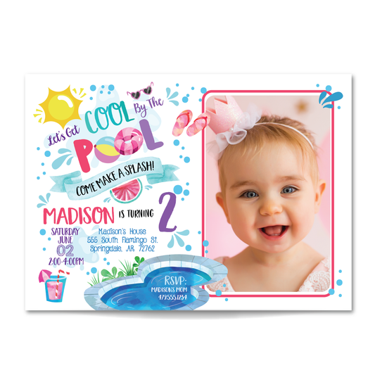 Girls Pool Party Birthday Invitation - Kids Summer Pool Party Invite w/ Photo Customization