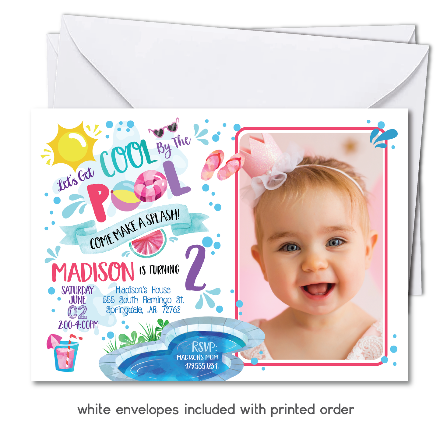 Girls Pool Party Birthday Invitation - Kids Summer Pool Party Invite w/ Photo Customization