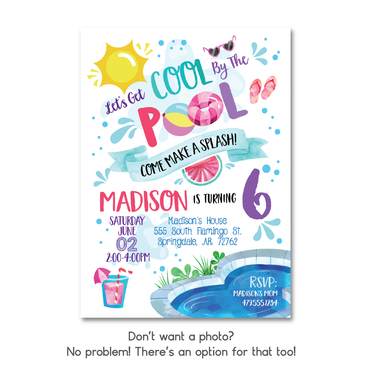 Girls Pool Party Birthday Invitation - Kids Summer Pool Party Invite w/ Photo Customization