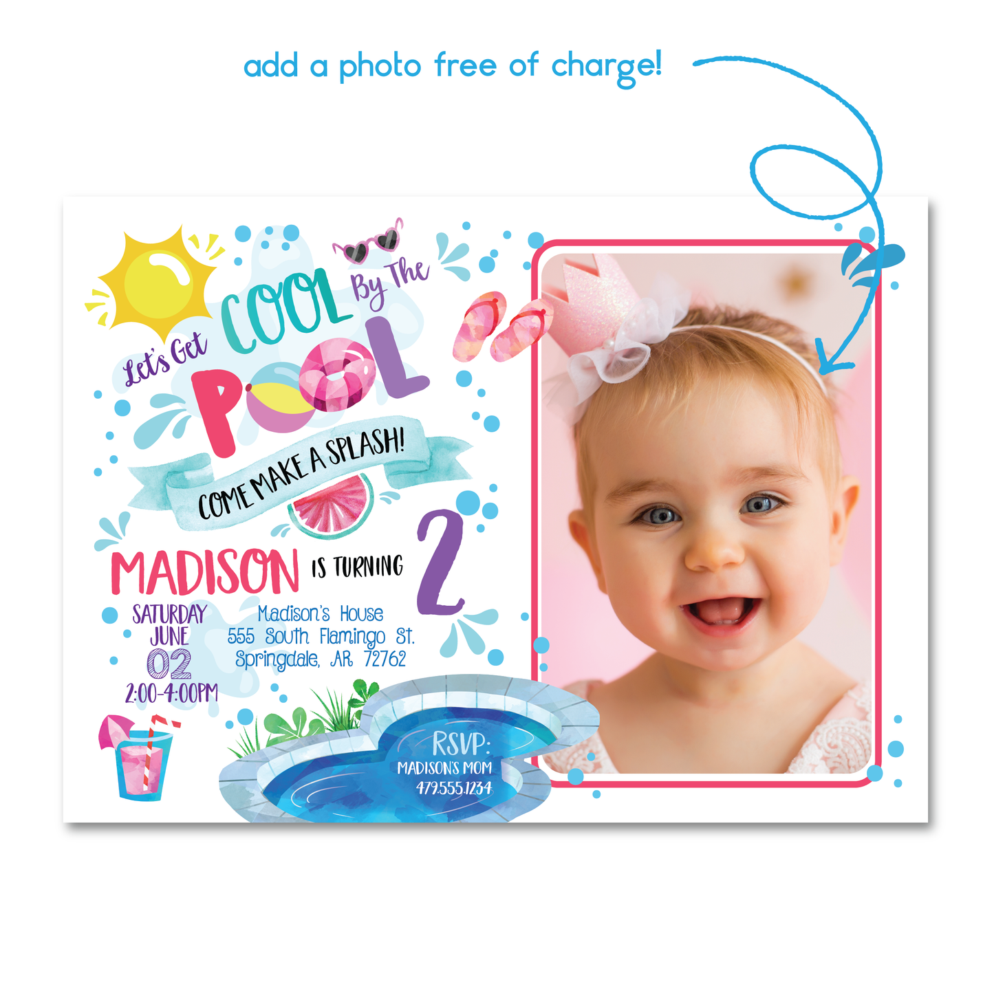 Girls Pool Party Birthday Invitation - Kids Summer Pool Party Invite w/ Photo Customization