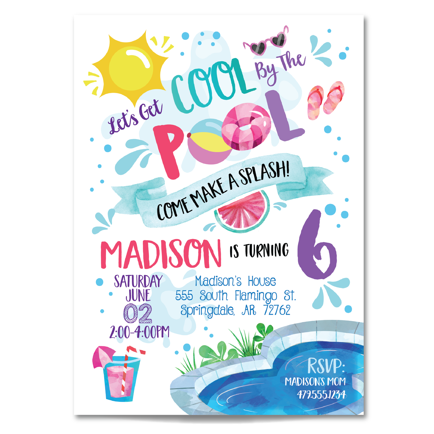 Girls Pool Party Birthday Invitation - Kids Summer Pool Party Invite