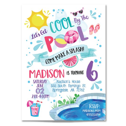 Girls Pool Party Birthday Invitation - Kids Summer Pool Party Invite