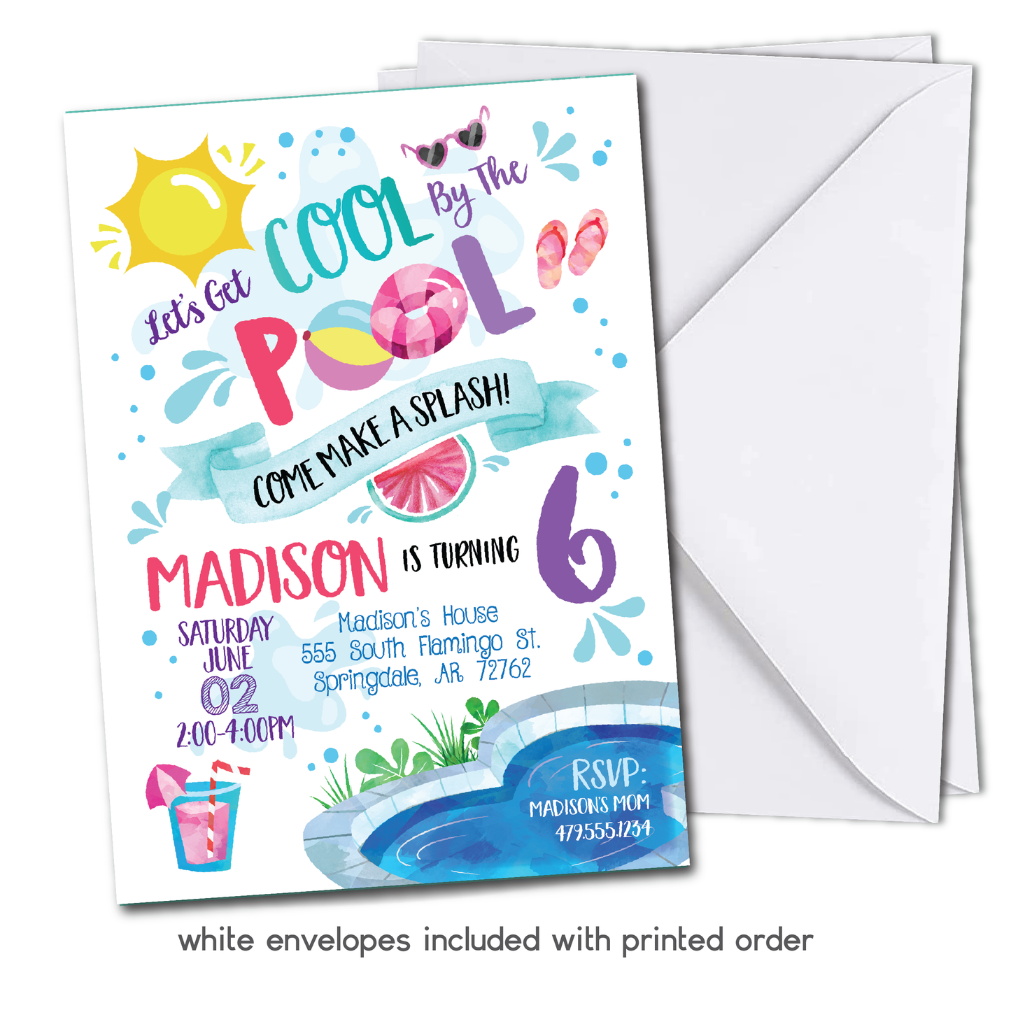 Girls Pool Party Birthday Invitation - Kids Summer Pool Party Invite