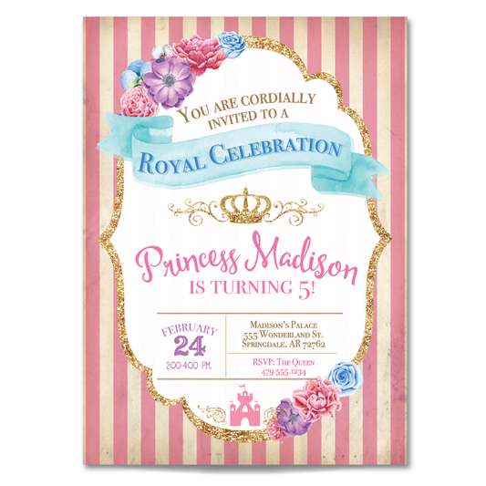Pink Princess Birthday Invitation - Girls Princess Party Invite
