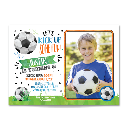 Boys Soccer Themed Birthday Invitation - Kids Soccer Birthday Party Invite w/ Photo Customization