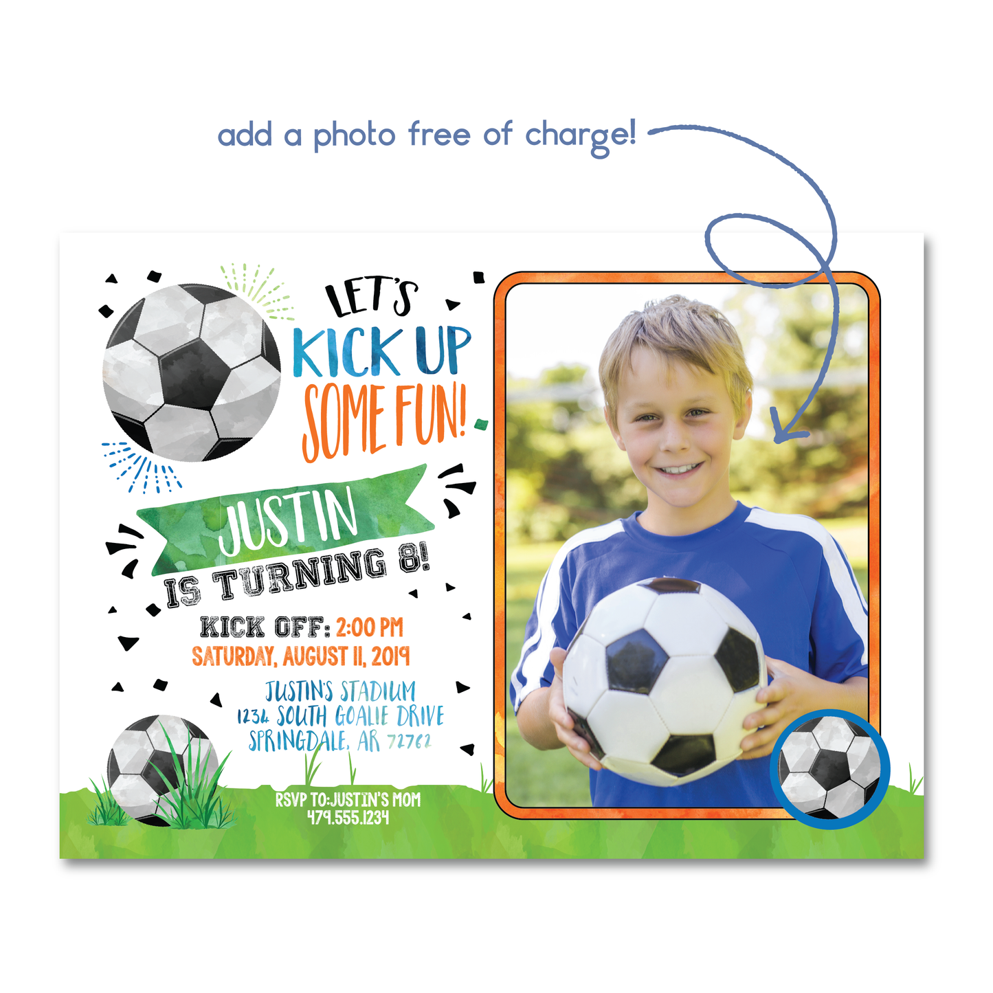 Boys Soccer Themed Birthday Invitation - Kids Soccer Birthday Party Invite w/ Photo Customization