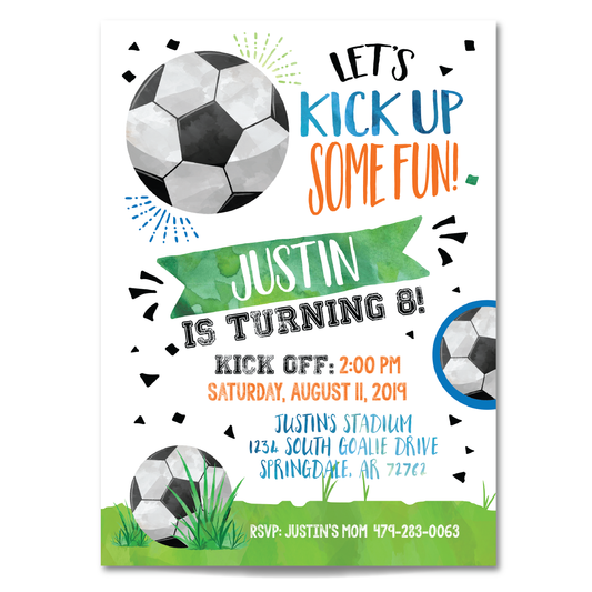 Boys Soccer Themed Birthday Invitation - Kids Soccer Birthday Party Invite