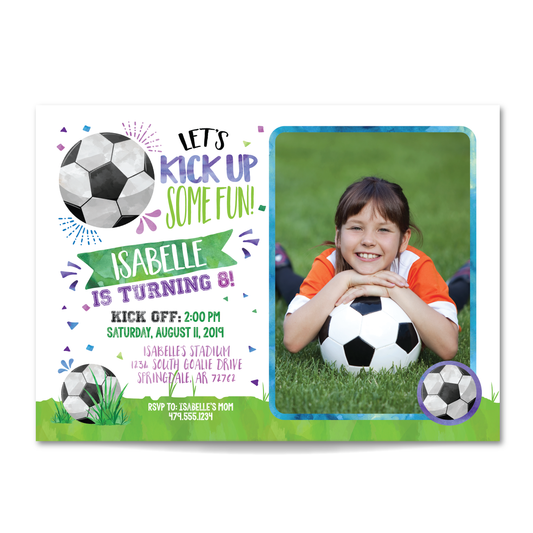 Girls Soccer Themed Birthday Invitation - Kids Soccer Birthday Party Invite w/ Photo Customization
