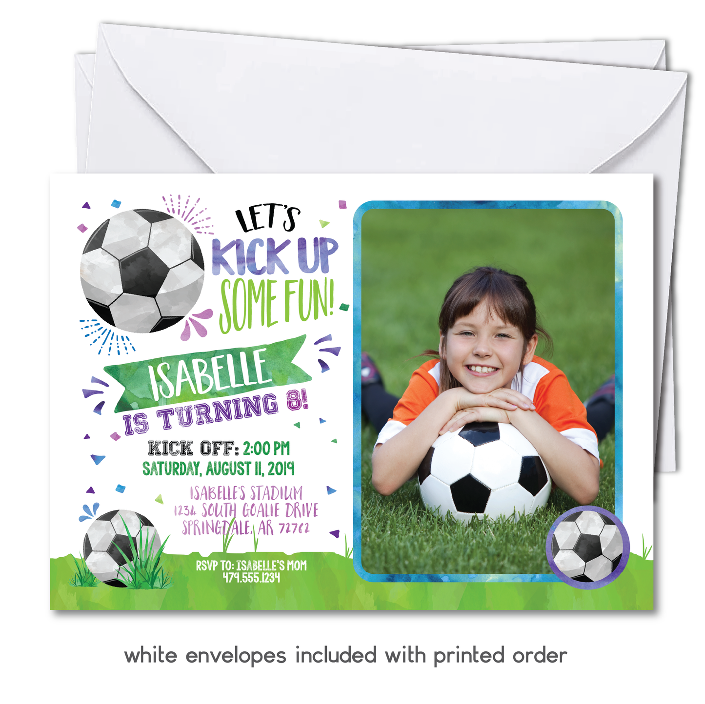 Girls Soccer Themed Birthday Invitation - Kids Soccer Birthday Party Invite w/ Photo Customization