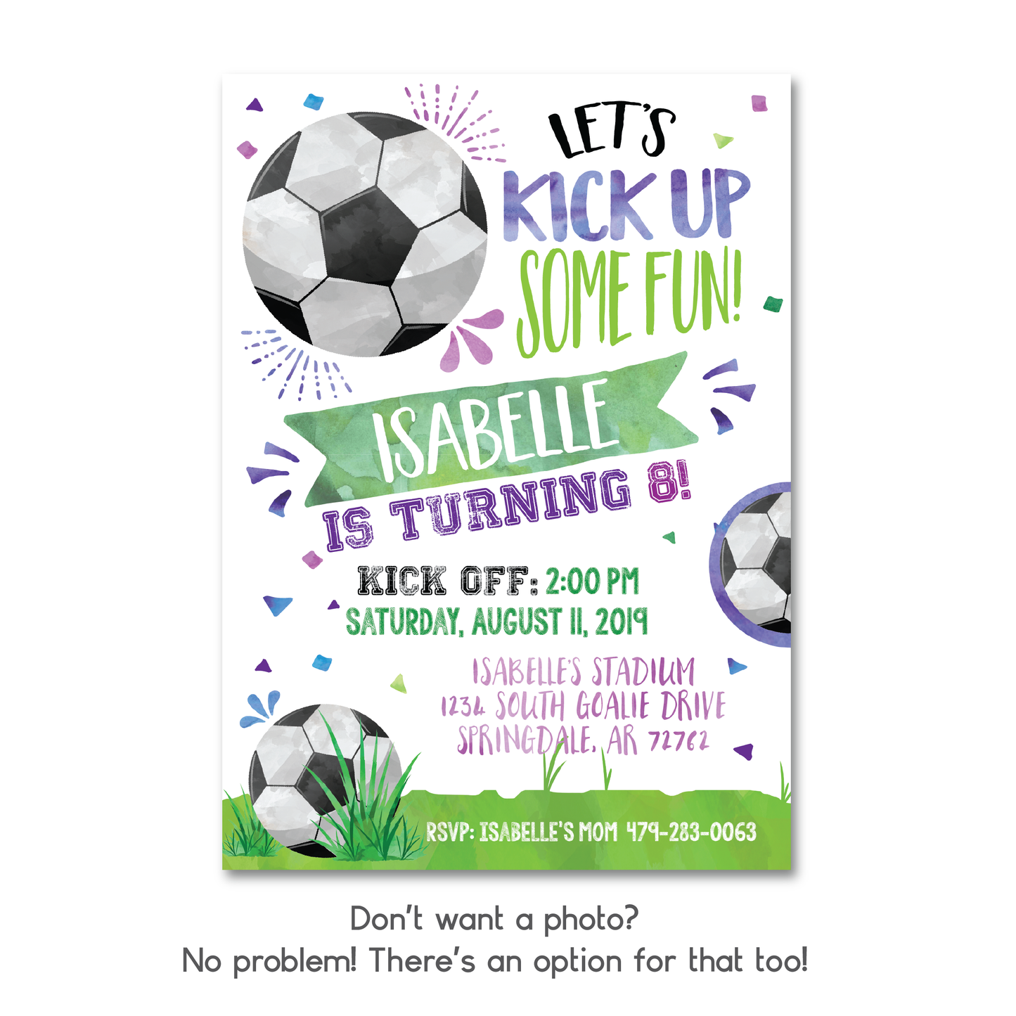 Girls Soccer Themed Birthday Invitation - Kids Soccer Birthday Party Invite w/ Photo Customization