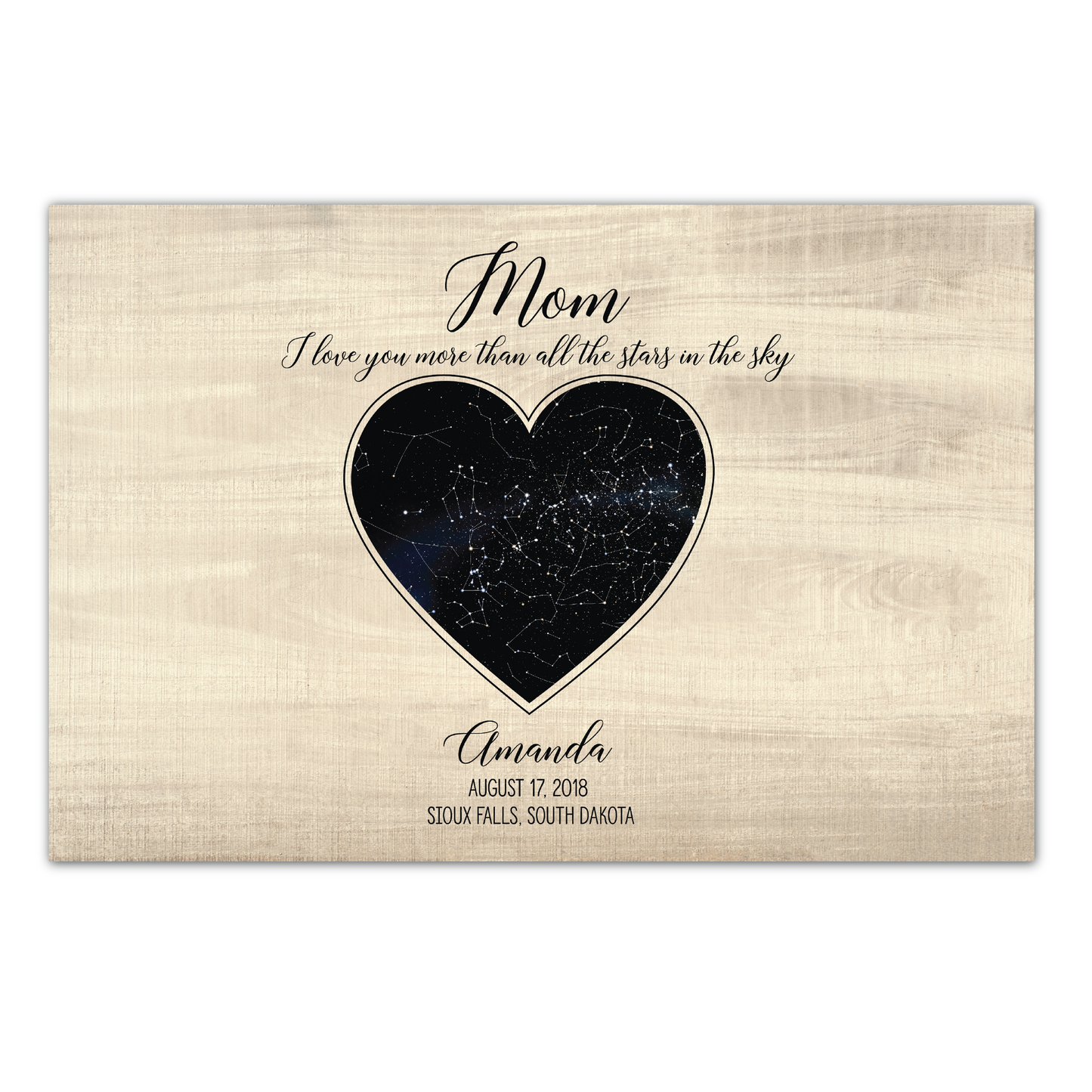 Personalized Heart Shaped Star Map w/ Wood Background - Custom Children Info - Perfect Mothers Day Gift