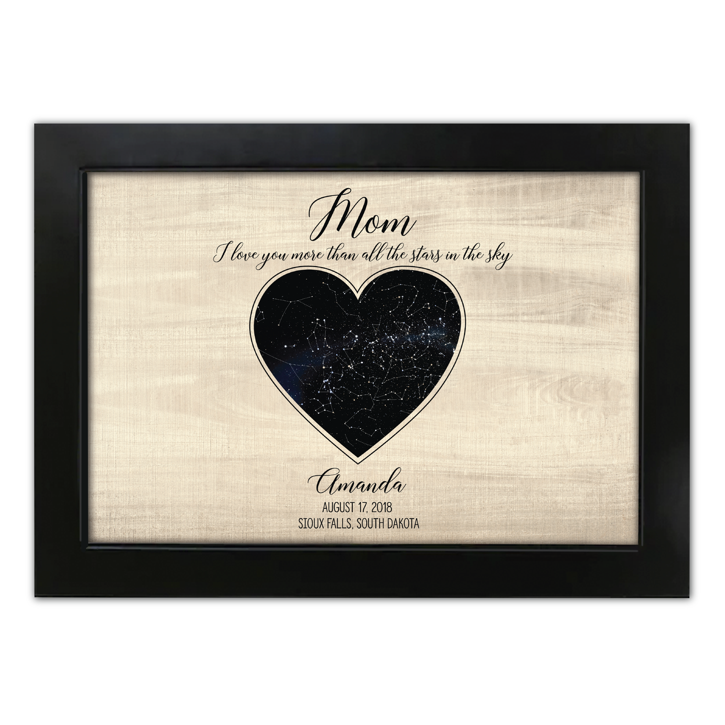 Personalized Heart Shaped Star Map w/ Wood Background - Custom Children Info - Perfect Mothers Day Gift