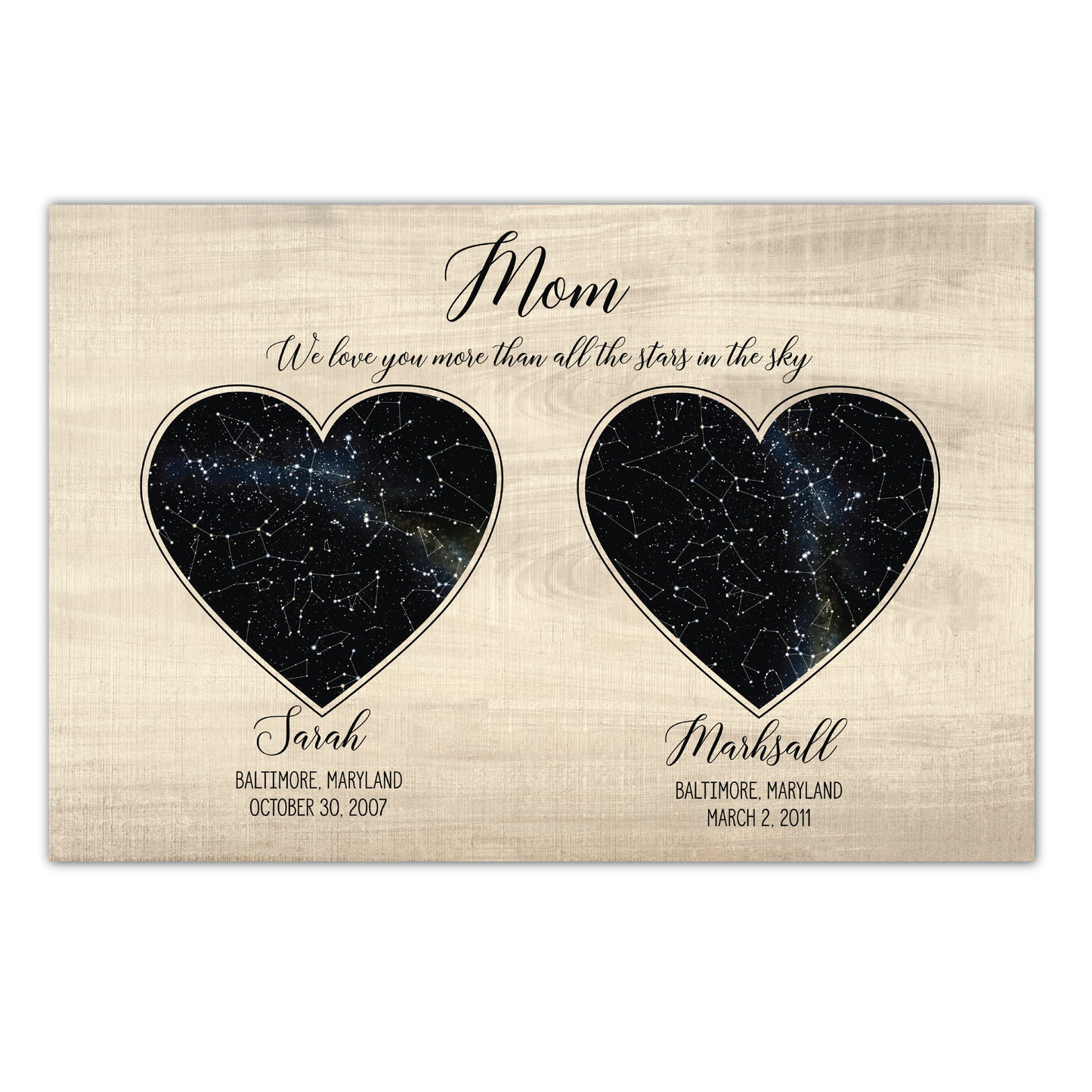 Personalized Heart Shaped Star Map w/ Wood Background - Custom Children Info - Perfect Mothers Day Gift