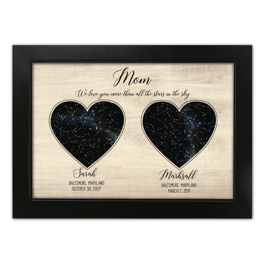 Personalized Heart Shaped Star Map w/ Wood Background - Custom Children Info - Perfect Mothers Day Gift