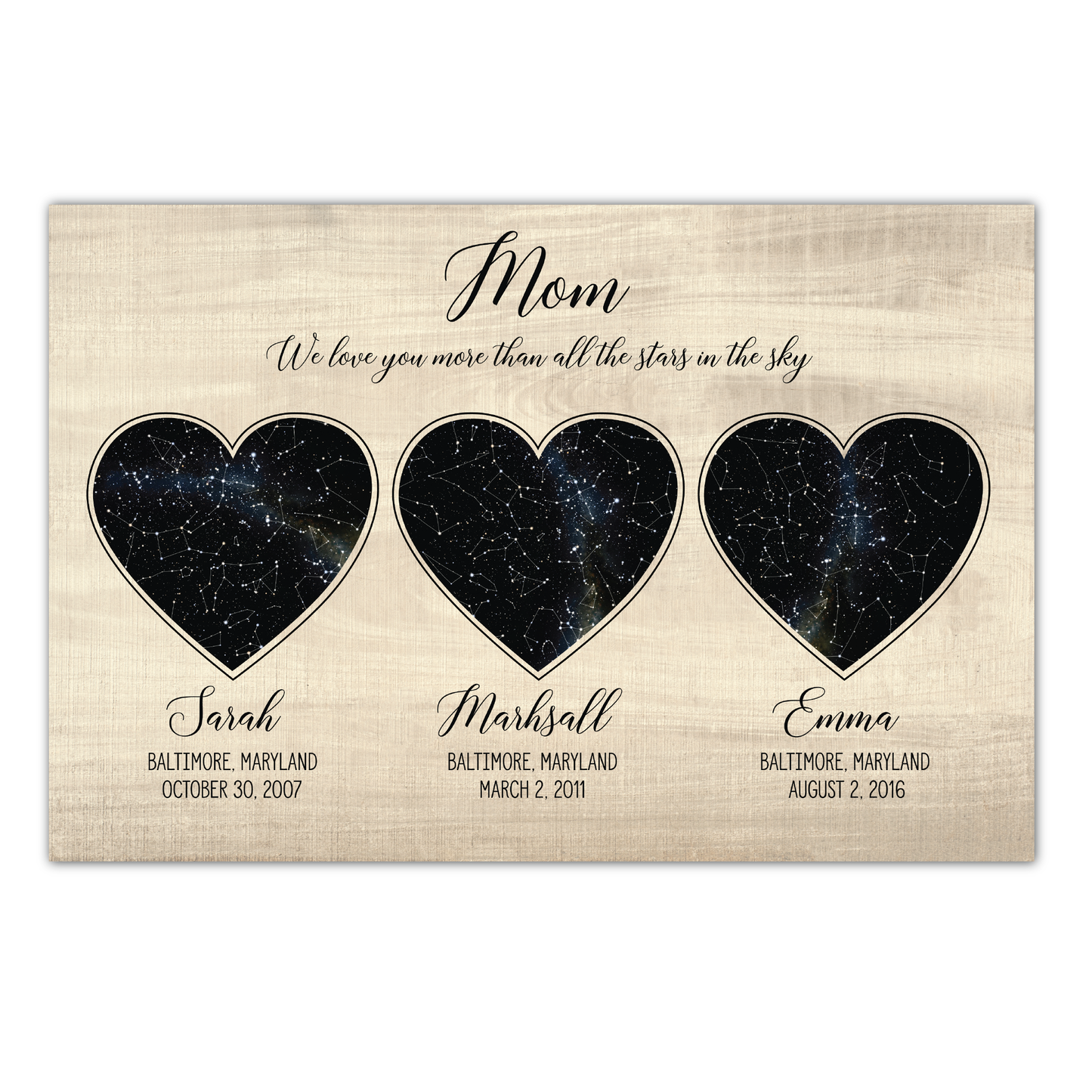 Personalized Heart Shaped Star Map w/ Wood Background - Custom Children Info - Perfect Mothers Day Gift