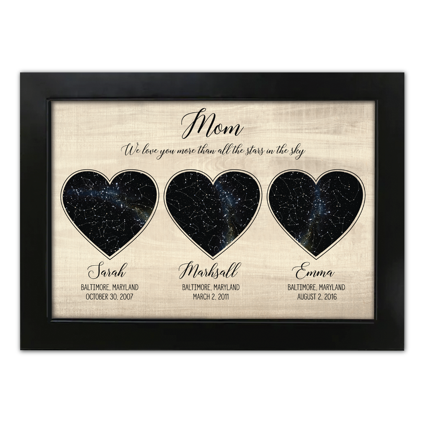 Personalized Heart Shaped Star Map w/ Wood Background - Custom Children Info - Perfect Mothers Day Gift